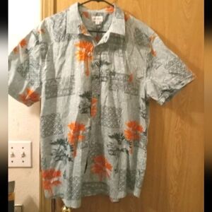 Haggar Blue & Orange Hawaiian Mens Large  Button Up Shirt Casual Lightweight